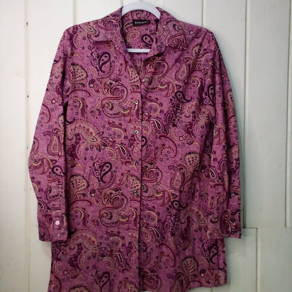 New York & Company Blouse Women S Button Up Long Sleeve Paisley Print Purple